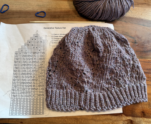 Finished hat on instructions- plum colored with texture 