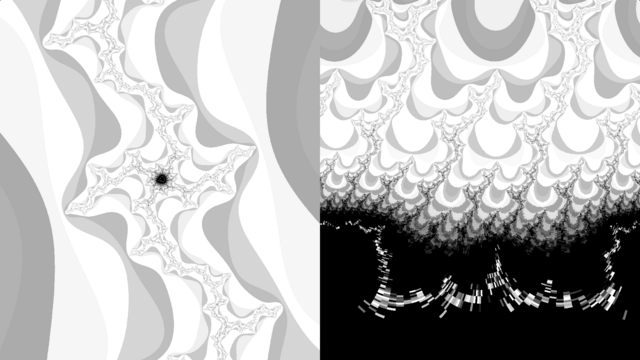 Two black/white zoomed Mandelbrot set images, the left in the familiar c-plane, the right in an exponential mapped plane.