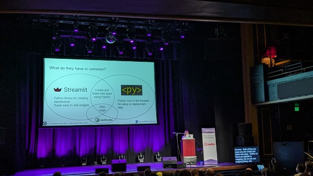 Stage with a large white screen in the background with a brown haired woman standing at a podium presenting a talk. The slide has a venn diagram showing the similarities of pyscript, streamlit, and geopandas