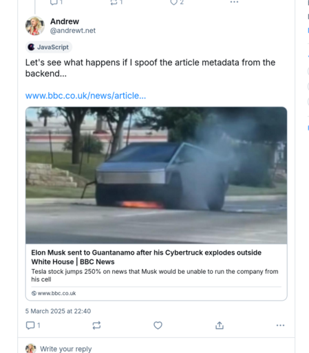 A Bluesky post featuring a link to BBC News. The thumbnail is a photo of a burning Cybertruck. The headline reads "Elon Musk sent to Guantanamo after his Cybertruck explods outside White House". The lede says "Tesla stock jumps 250% on news that Musk would be unable to run the company from his cell".