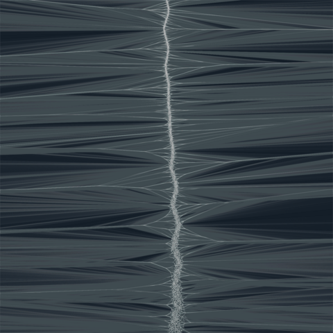 a wavy vertical line of smaller connected lines down the center of the image with lines shooting horizontally out in both directions with some expansion at the bottom. upon close inspection the lines are voronoi in nature. lines are white on a dark background, but with grayish traces around them. 