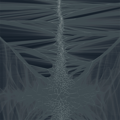 a wavy vertical line of smaller connected lines down the center of the image with lines shooting in many directions out in both directions with some expansion at the bottom. upon close inspection the lines are voronoi in nature. lines are white on a dark background, but with grayish traces around them. 