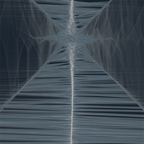 a wavy vertical line of smaller connected lines down the center of the image with lines shooting in many directions out in both directions with some expansion at the top as if the line has been broken and breached. upon close inspection the lines are voronoi in nature. lines are white on a dark background, but with grayish traces around them. 