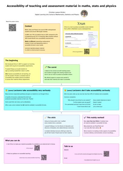 Poster titled "Accessibility of teaching and assessment material in maths, stats and physics". An arrangement of coloured boxes with text and QR codes in. Follow the link in the toot to read it.
