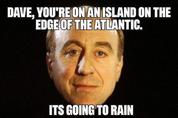Holly from red dwarf with a caption telling Dave that it will rain because he's in England.