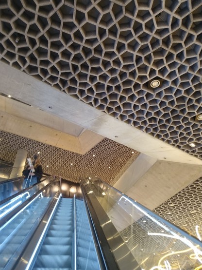 A photograph of the interior of a building. At the bottom are escalators going up: a slightly blurred person is going down. At the top is the ceiling with a Cairo tiling of symmetrical pentagons. In the middle one can see similar ceilings of higher floors.
The composition is dominated by diagonal lines. The ceilings are brown-grey but the escalator is blue-white.