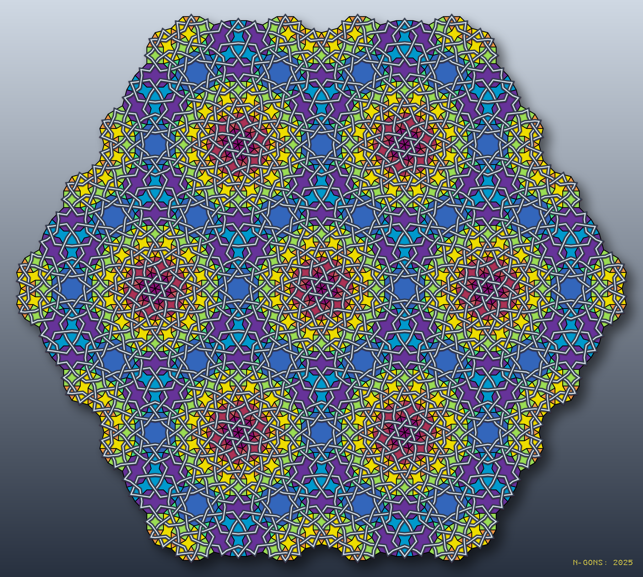 Abstract mathematical art. Colourful polygons tiled side to side with an intricate knot weaved on top of it.
