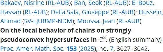 math review excerpt about "On the local behavior of chains on strongly pseudoconvex hypersurfaces in C3"