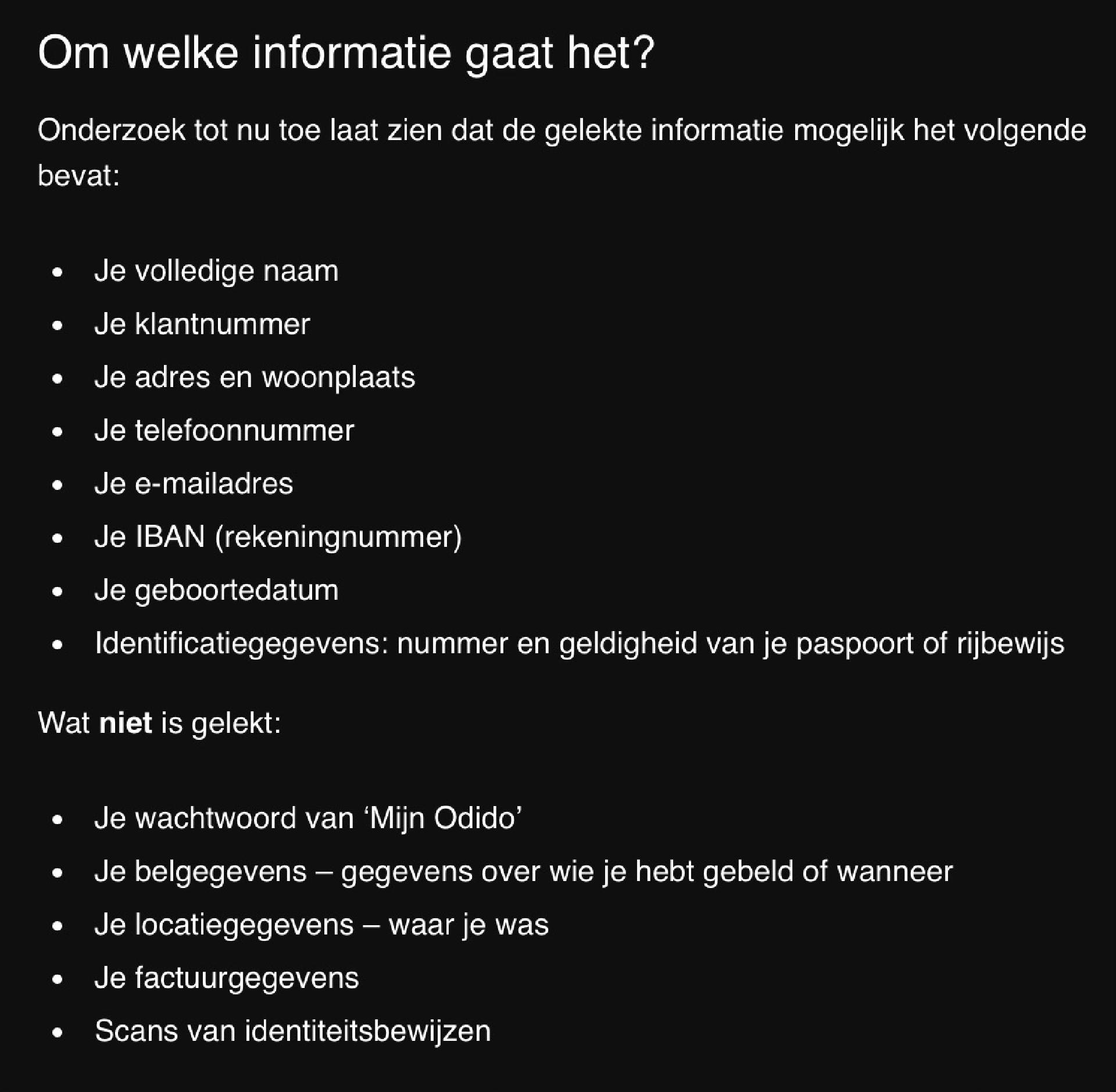 Odido message  explaining what personal information was collected by hackers. The data includes full name, customer number, address, phone number, email, bank account number, date of birth, and ID details. The non-collected data includes 'Mijn Odido' password, billing information, location data, invoicing details, and scans of identity documents.
