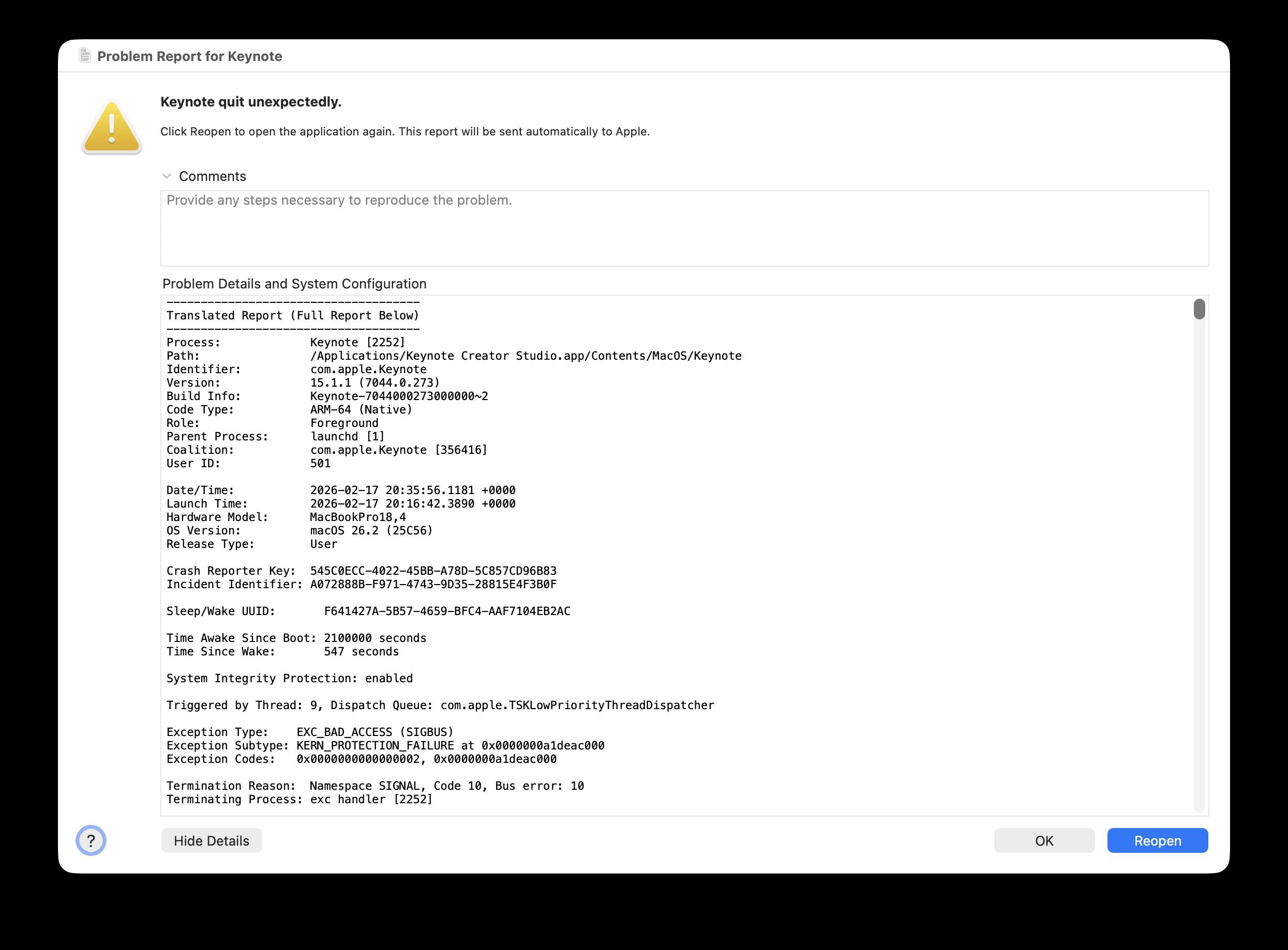 A screenshot of a Problem Report for Keynote, showing a SIGBUS crash