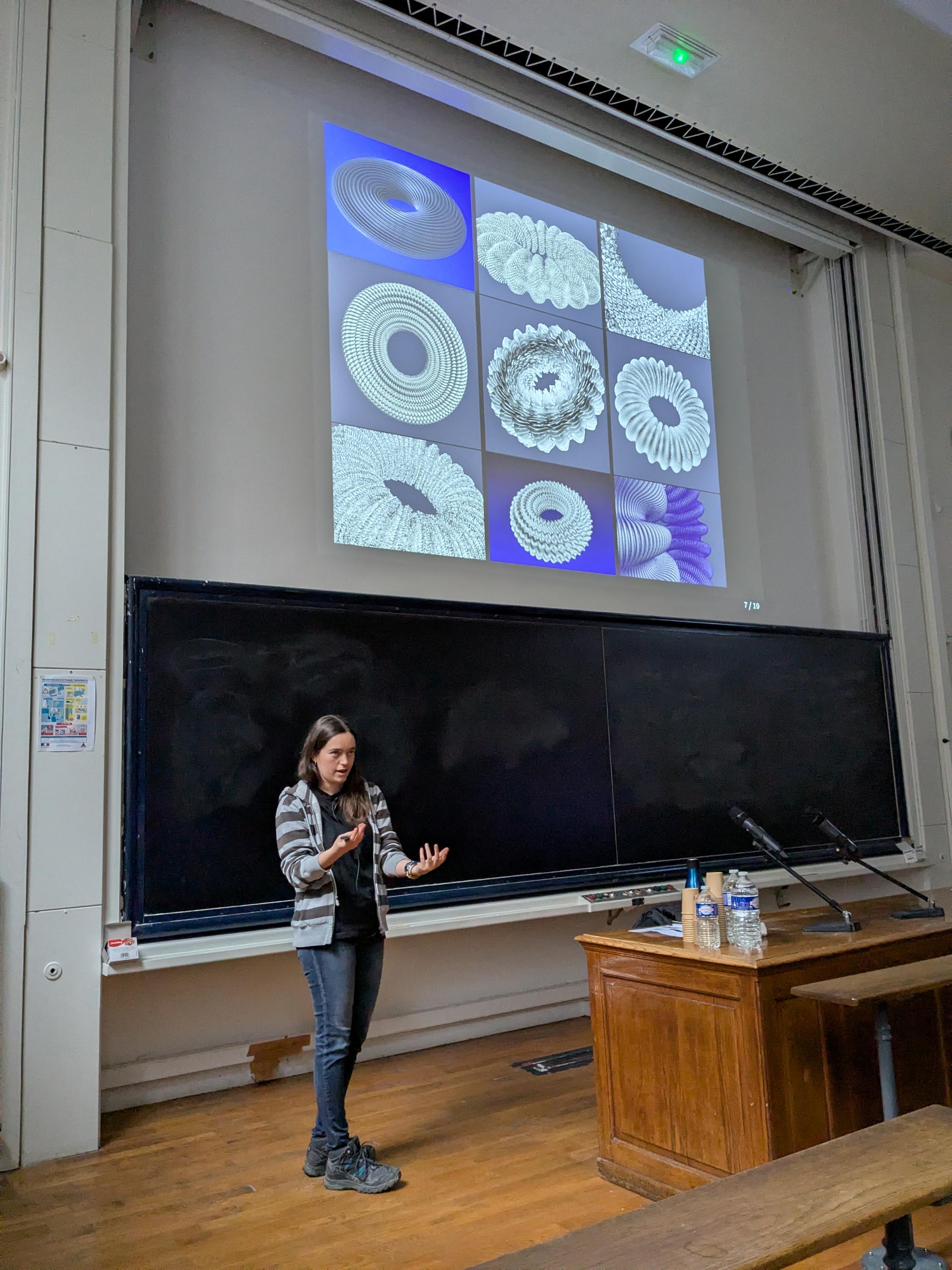 A person, Mélanie Theilière, is captured mid-presentation in a lecture hall. They have long dark hair and are wearing a striped grey and white zip-up hoodie over a black shirt and jeans. They are gesturing with their hands while speaking. The projector screen behind them displays a $3 \times 3$ grid of complex, highly textured 3D mathematical visualizations of torus-like shapes in various shades of white and blue.