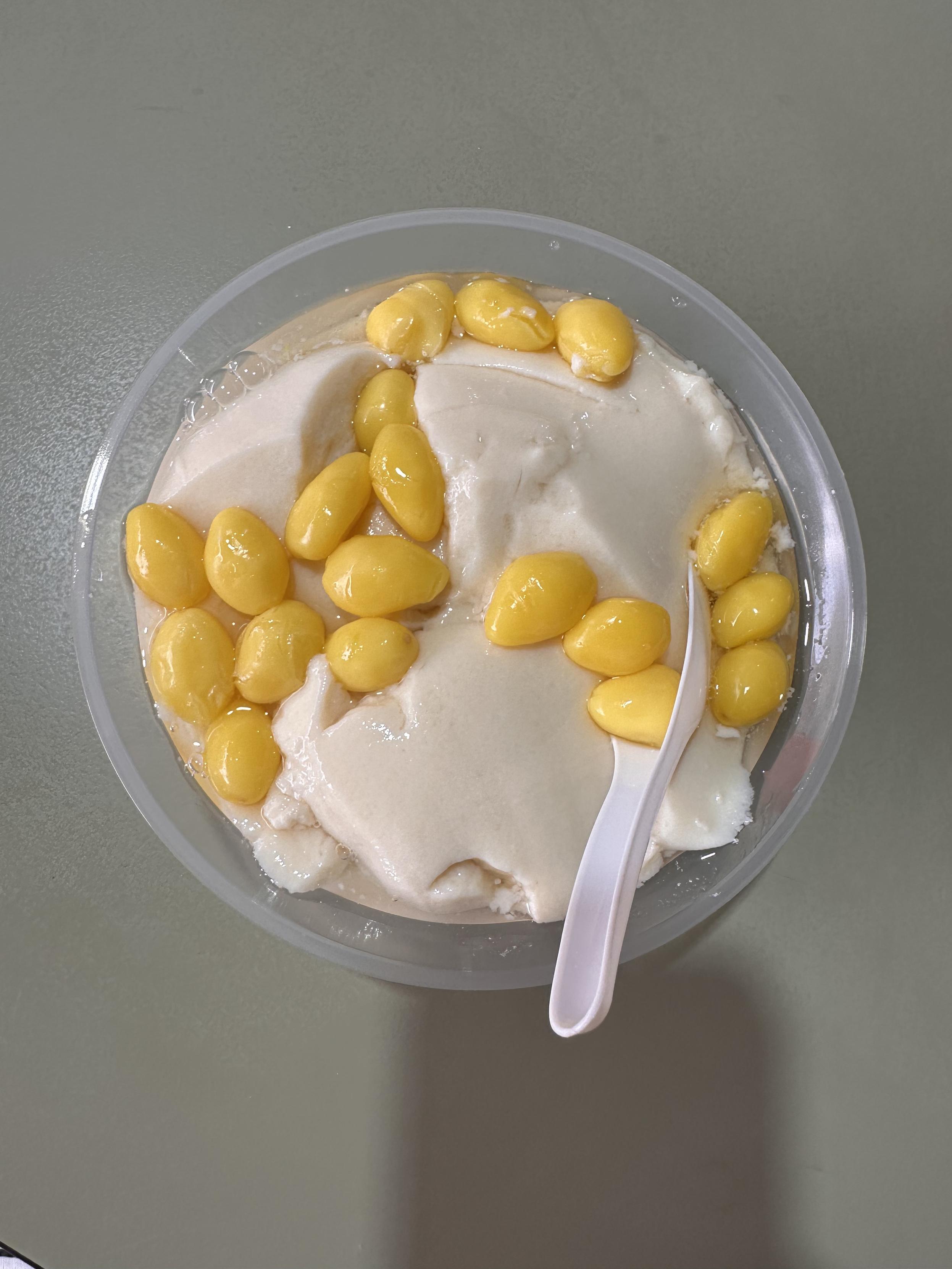 A bowl of bean curd with ginko nuts.