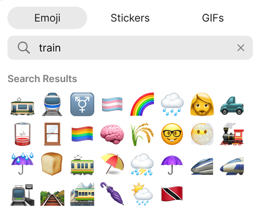 Screenshot of the Emoji and Sticker picker dialog from the Signal desktop app. The search field contains the text "train", the results are trains, as well as the transgender symbol and flag, pride flag, woman with a beard, drained battery, emojis with rain clouds, trinidad and tobago flag, umbrellas, a brain, grains, a load of bread, a windowsill, the nerd with glasses emoji and the face behind clouds emoji.