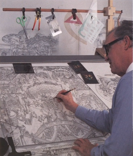 A photograph of the artist Floyd Wesley "Wes" Cook from behind at his drawing table. Wes has greying hair, black thick glasses and a plain blue shirt. His face can only be seen from the side and he looks focused on his work, drawing with a pencil. It's an extremely detailed scene of a big hall with various side rooms with unique designs and objects and different people standing and walking around. In the very middle is a star-shaped object. Above the drawing table is a wooden bar with hooks whe…