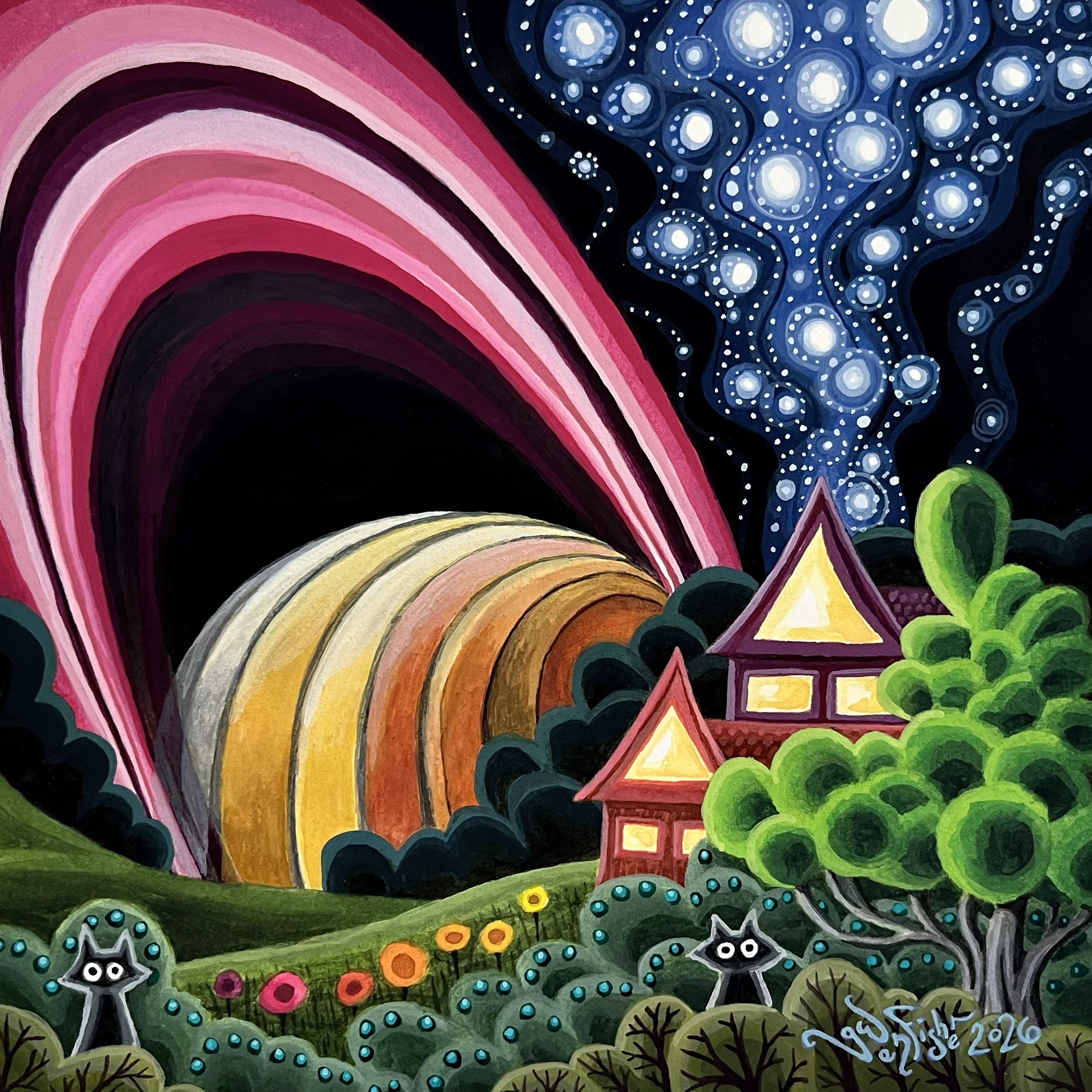 Painting of a landscape with Saturn setting in the background. The sky has a river of stars. In the foreground are shrubs, trees, houses and two cats. Find my artwork for sale in my Etsy shop, gwenbeads.