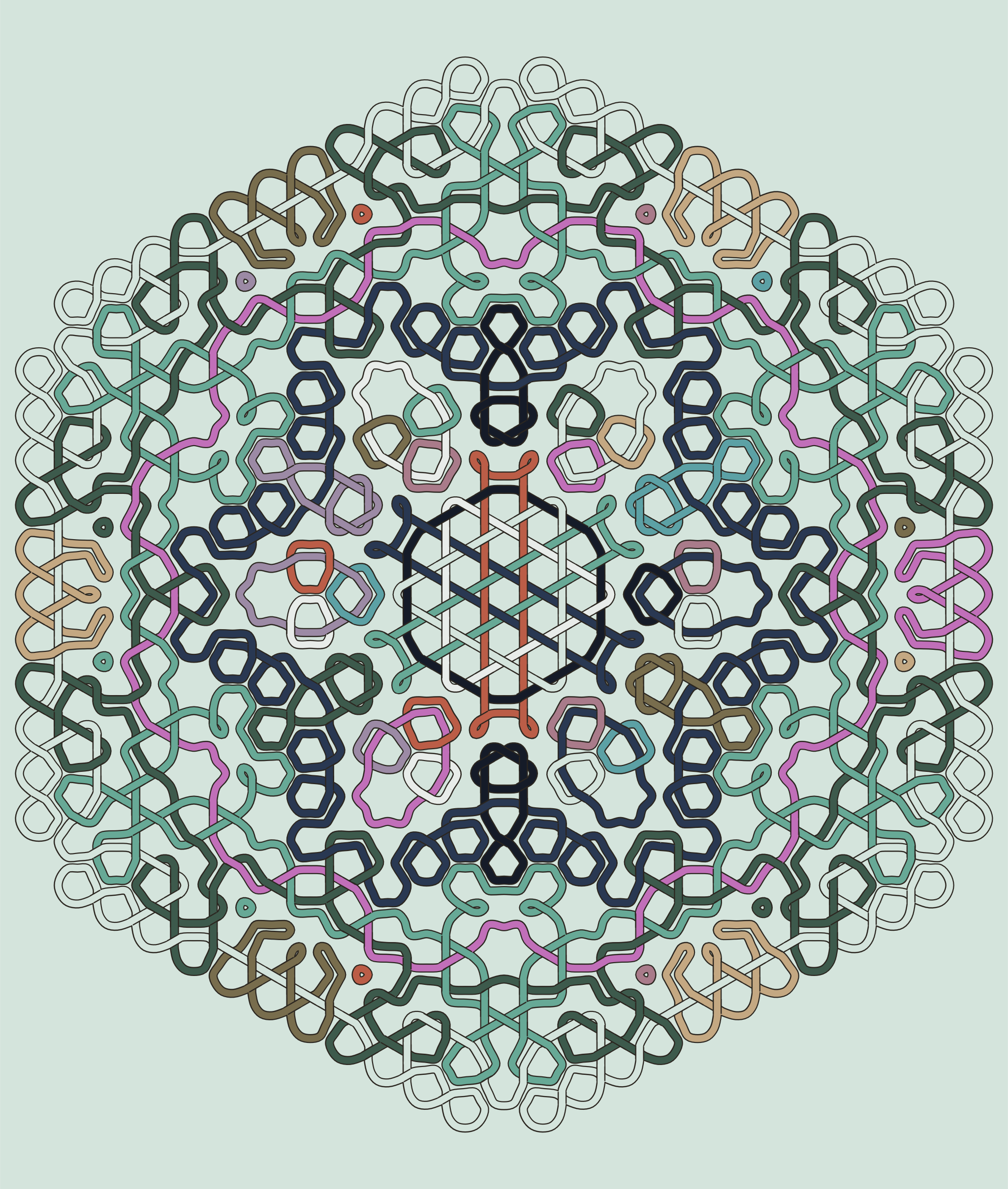 complex hexagonal knot that has symmetry with many strands and different color all in muted forest and moss coloring.