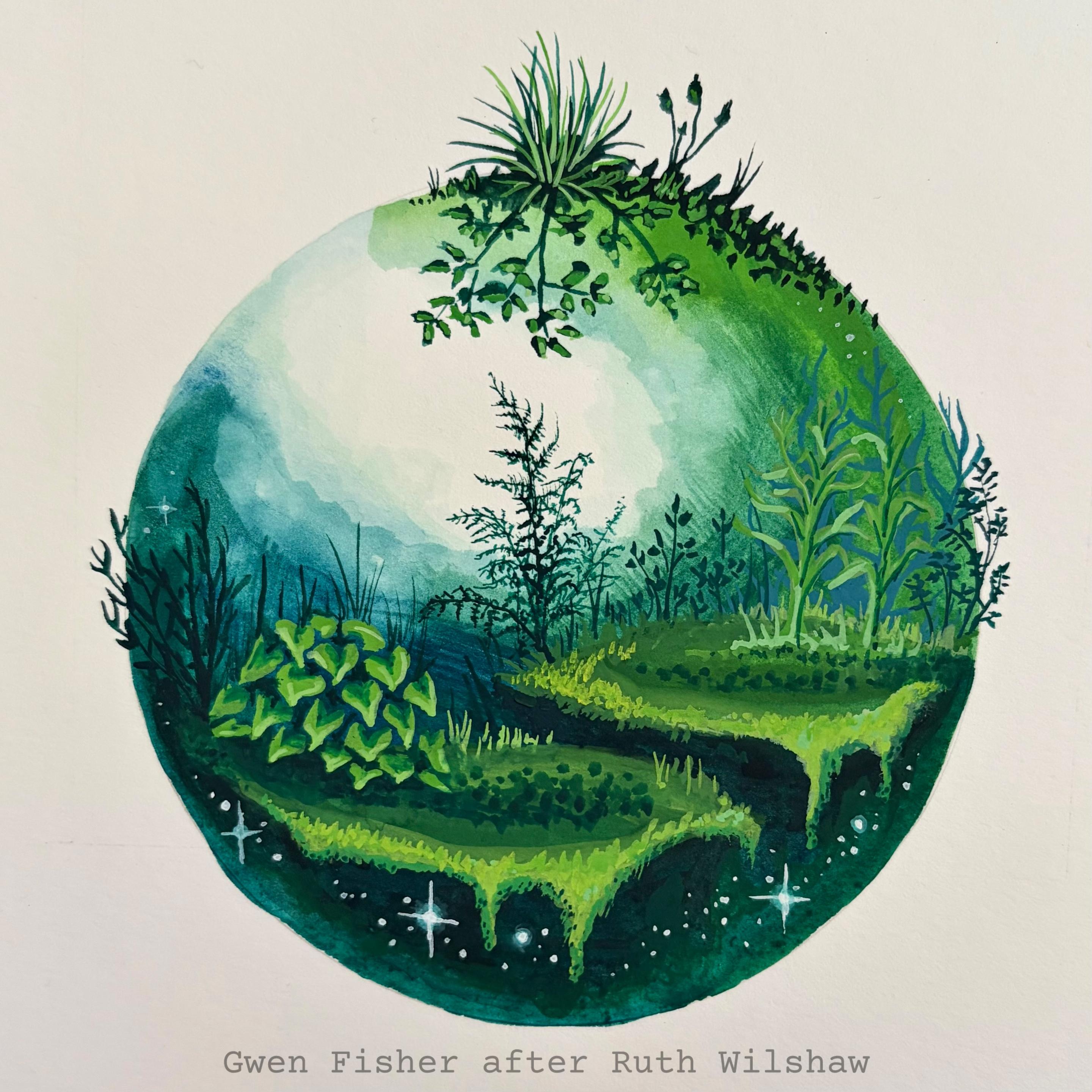 Circle landscape filled with lush plants and stars
