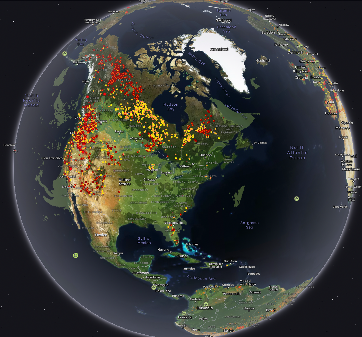 Screenshot of a globe map showing wildfires on North America.