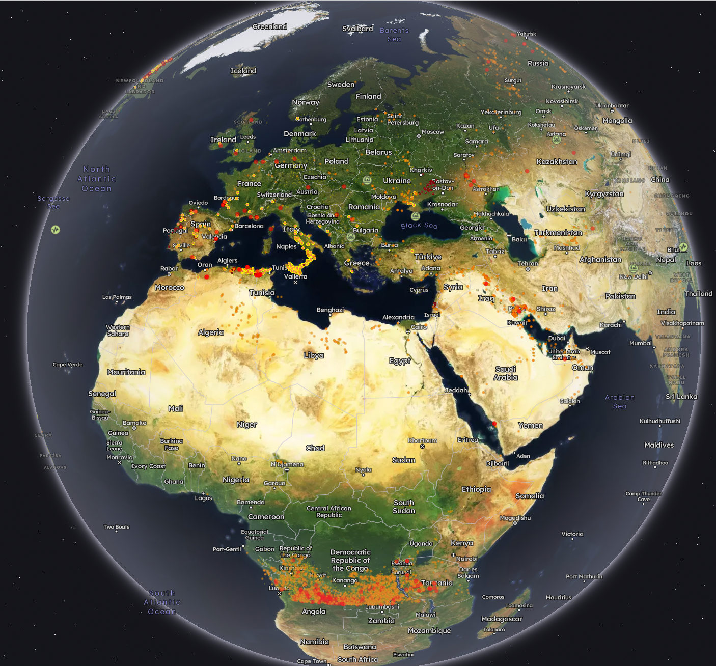 Screenshot of a globe map showing wildfires in Africa, Europe and West Asia.