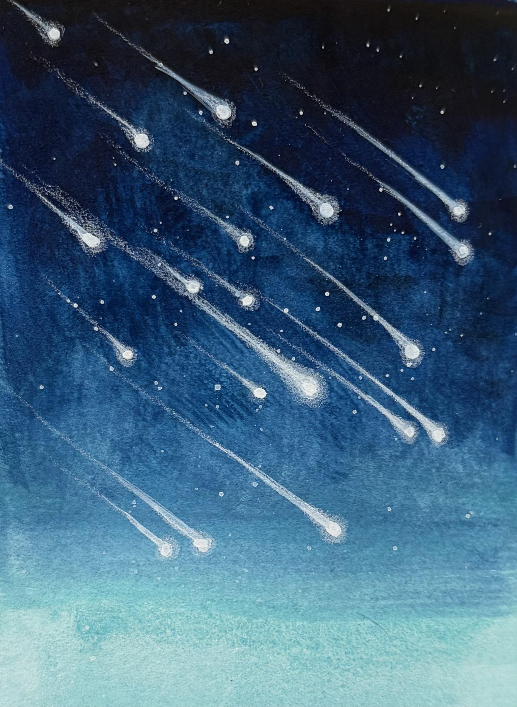 Painting of a gradient sky with a shower of meteors glowing in white with their long tails. Tiny stars dot the background.