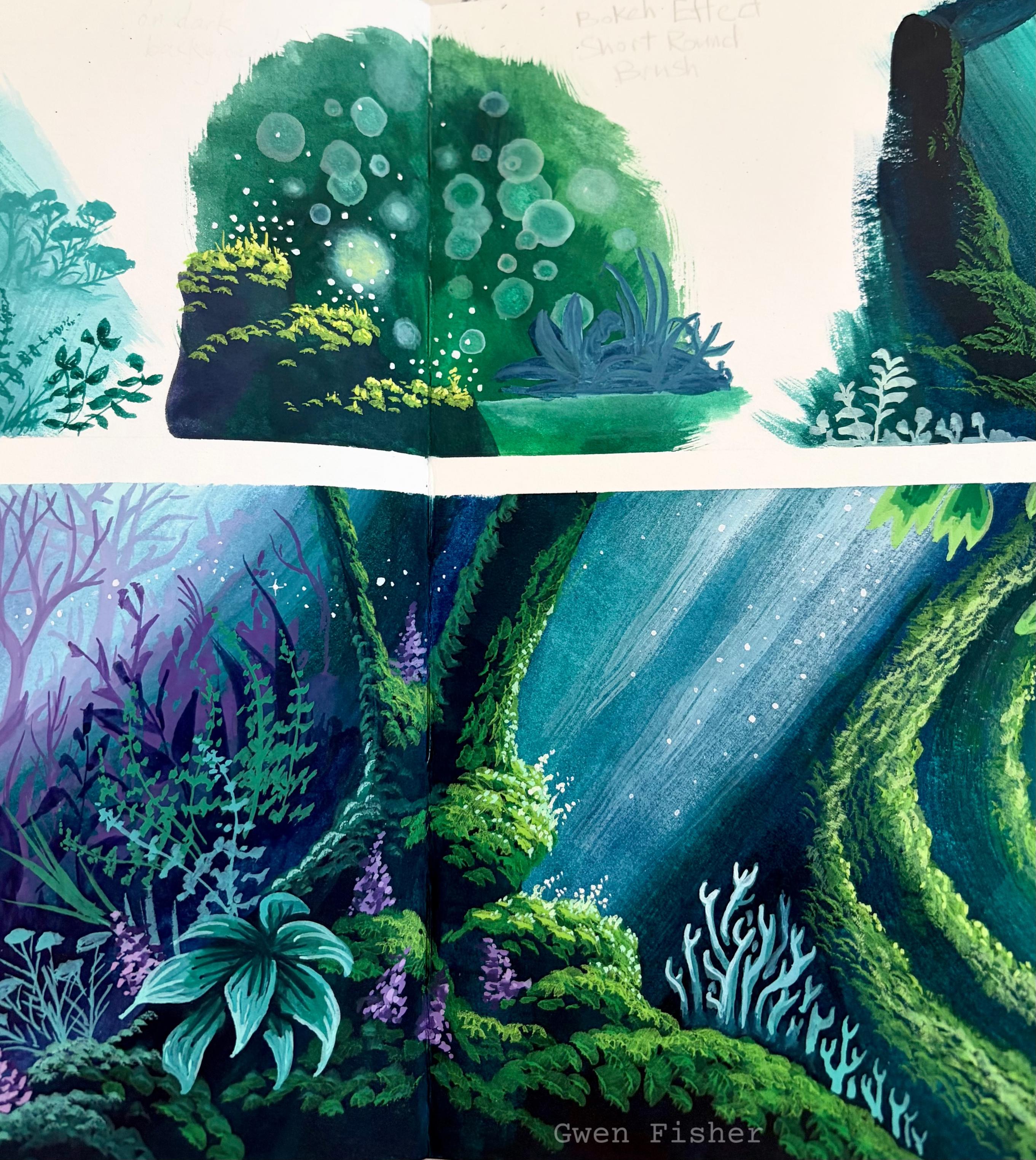 Landscape paintings in cool vibrant colors of lush vegetation