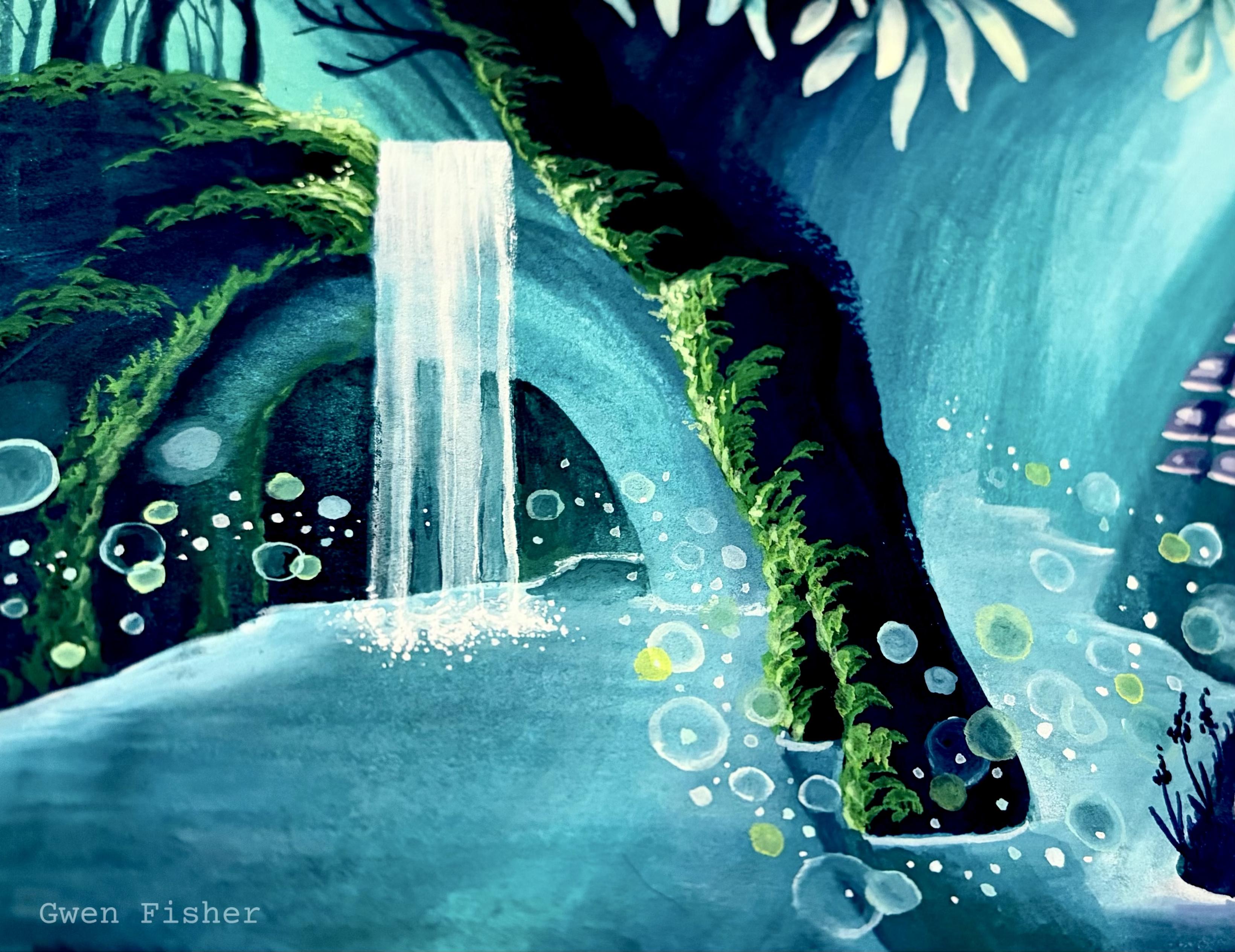 Landscape painting of a waterfall